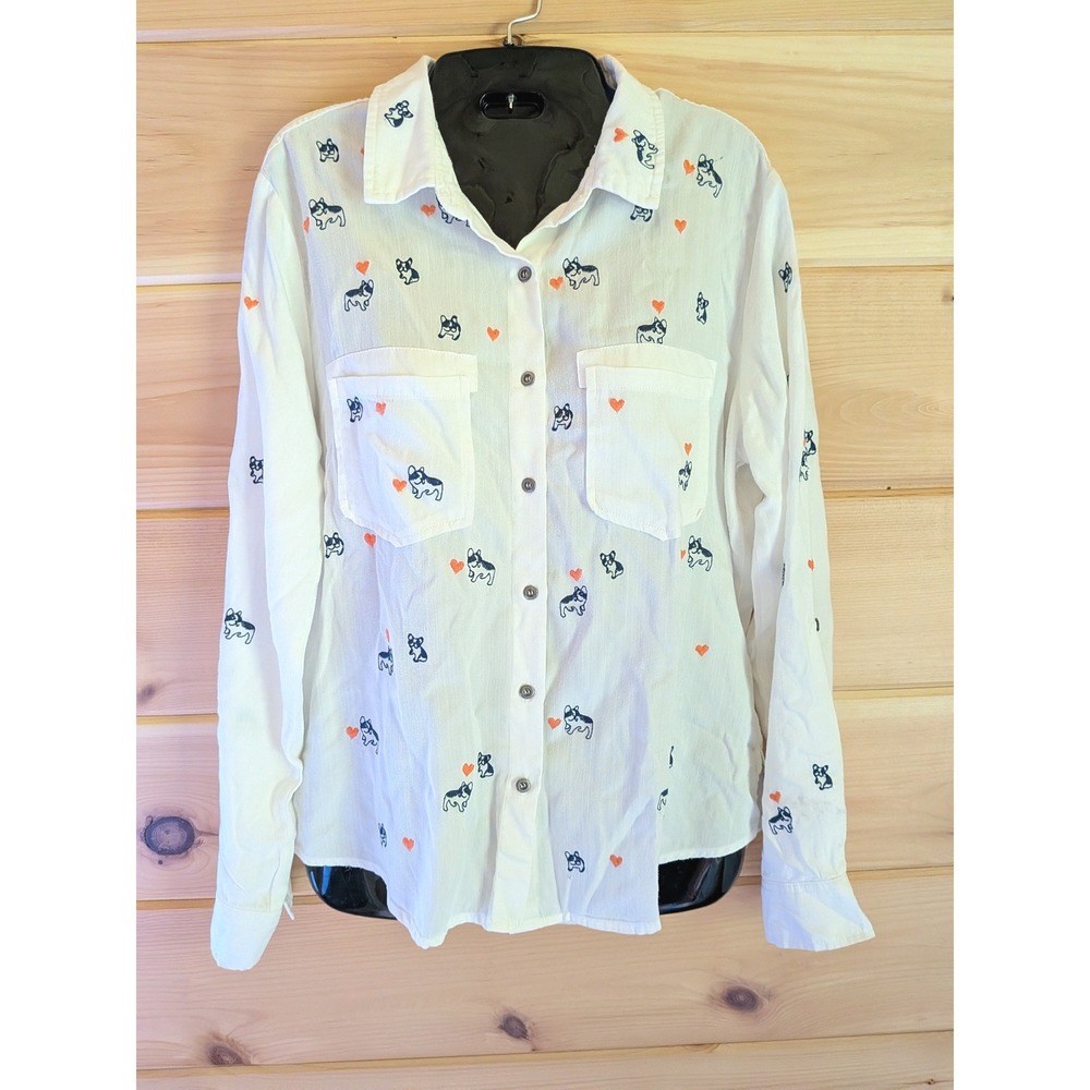 Billy T French Bulldog Women Shirt S Heart Embroidered Button Down Preppy Cute